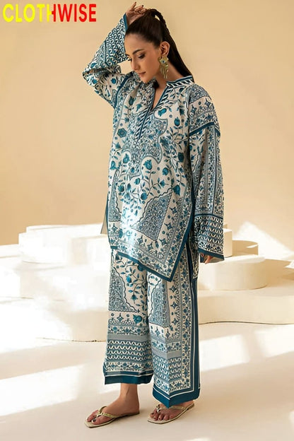 Woman wearing a patterned outfit with 'Clothwise' branding on a beige background