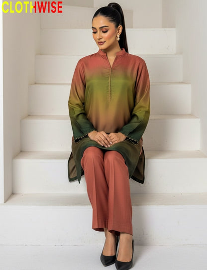 Woman sitting on white steps wearing a green and brown outfit with 'CLOTHWISE' branding.