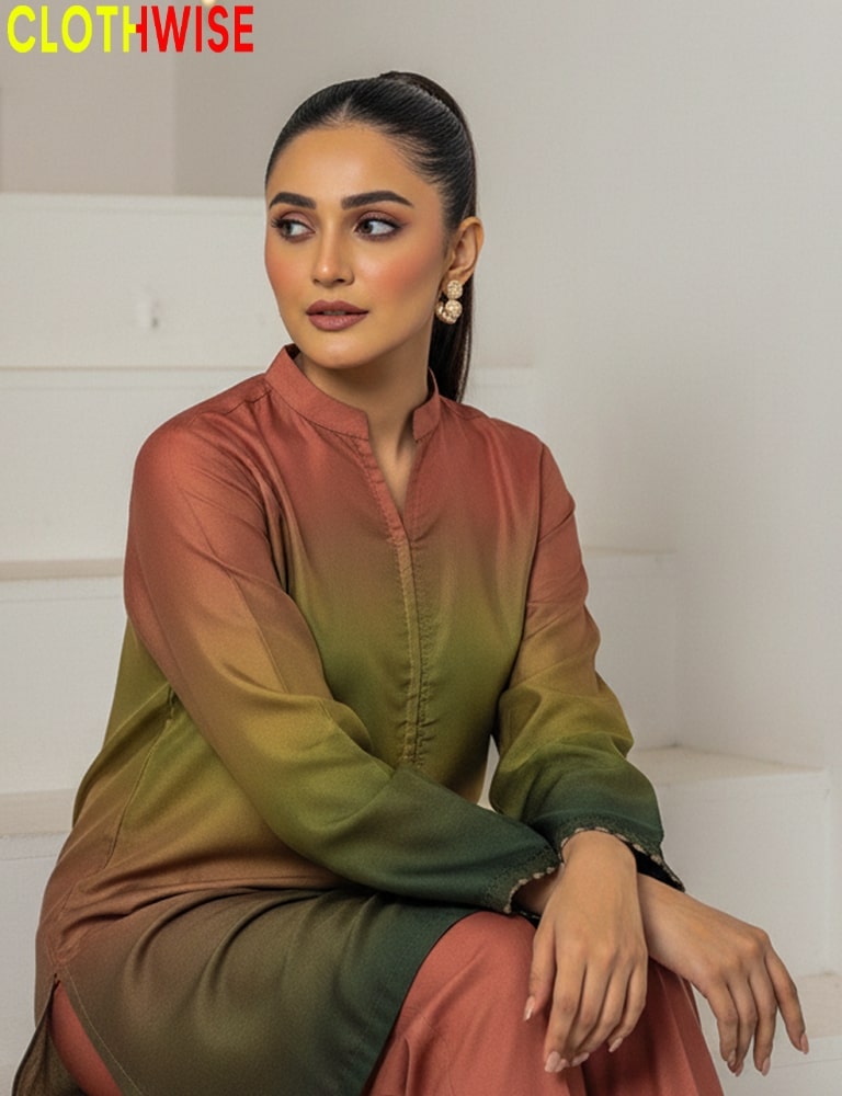 Woman wearing a gradient shirt with 'CLOTHWISE' branding