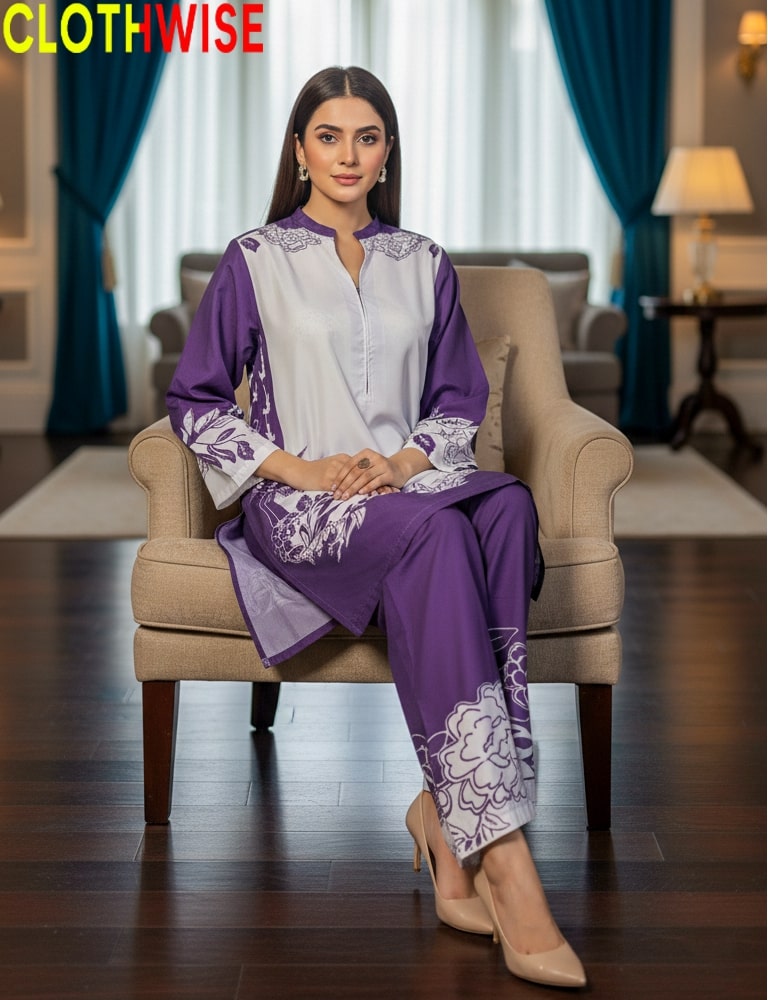 Woman sitting on a chair wearing a purple and white outfit with floral patterns, in a room with curtains and furniture.
