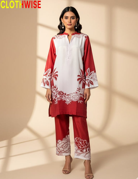 Woman wearing a red and white outfit with floral patterns on a beige background, branded 'CLOTHWISE'.