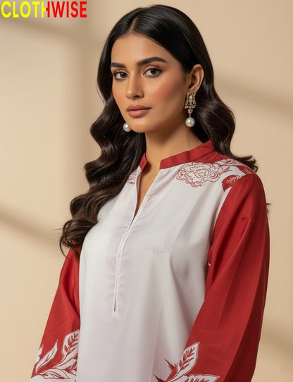 Woman wearing a red and white traditional outfit with 'ClothWise' branding.