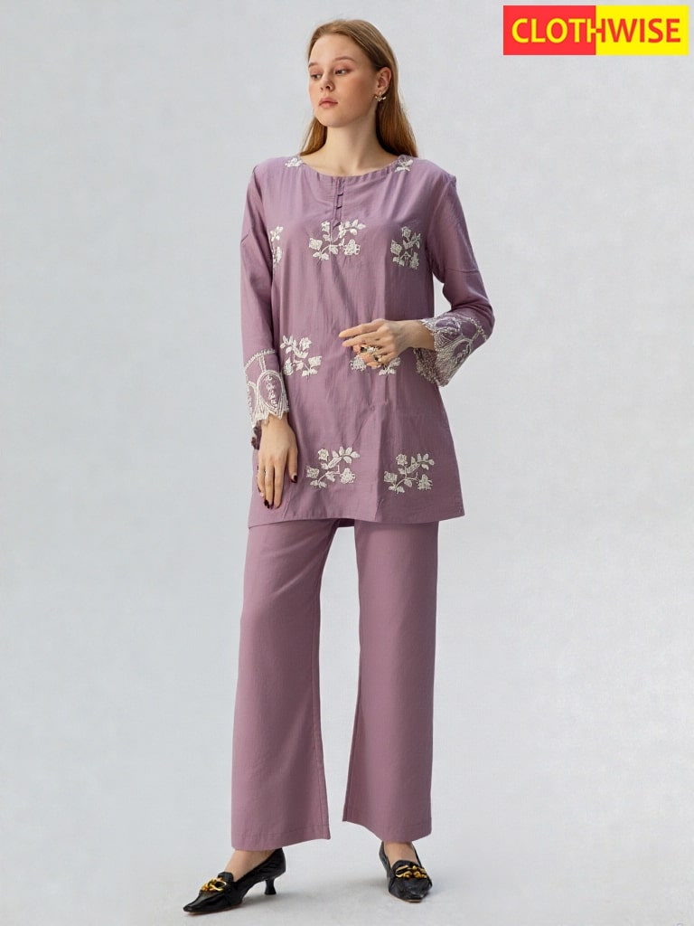 Florielle – 2-Piece Cotton Co-Ord | Delicate Floral Embroidery in a Soft Blush Hue