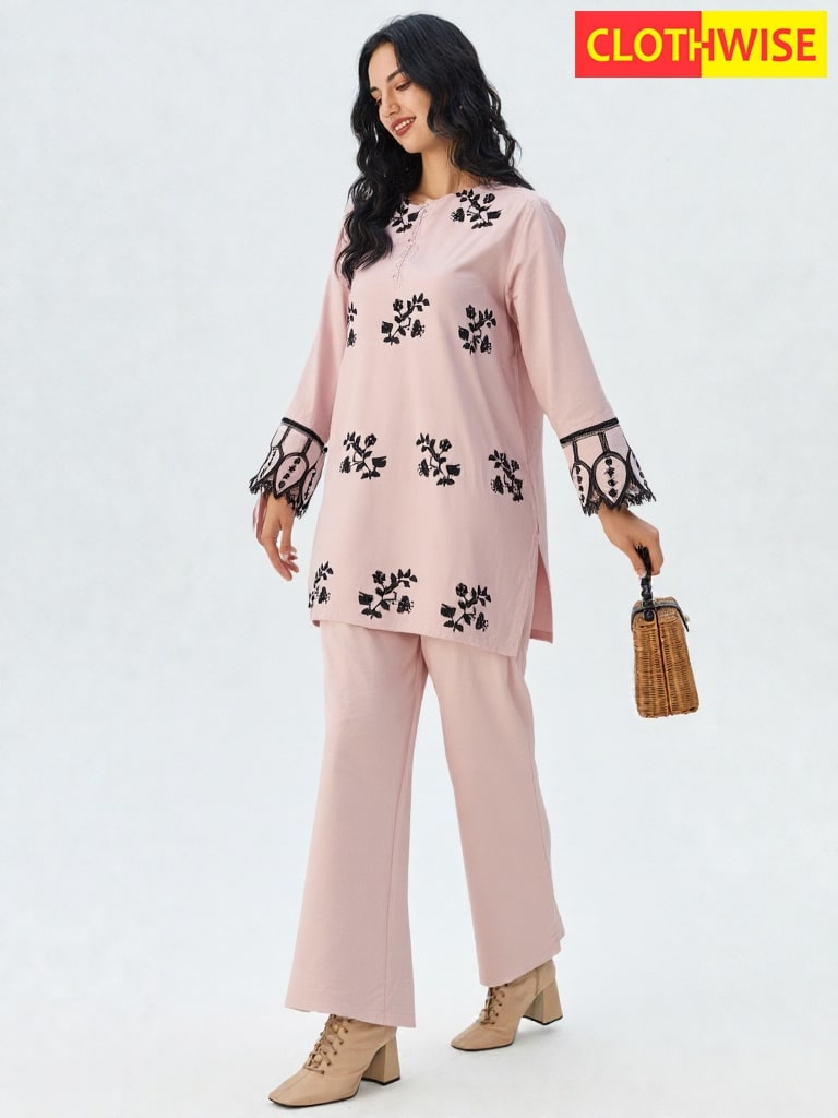 Florielle – 2-Piece Cotton Co-Ord | Delicate Floral Embroidery in a Soft Blush Hue