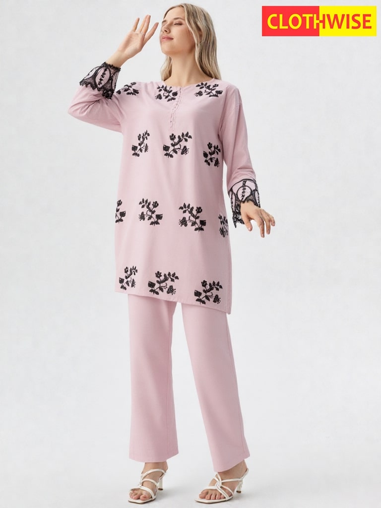 Florielle – 2-Piece Cotton Co-Ord | Delicate Floral Embroidery in a Soft Blush Hue