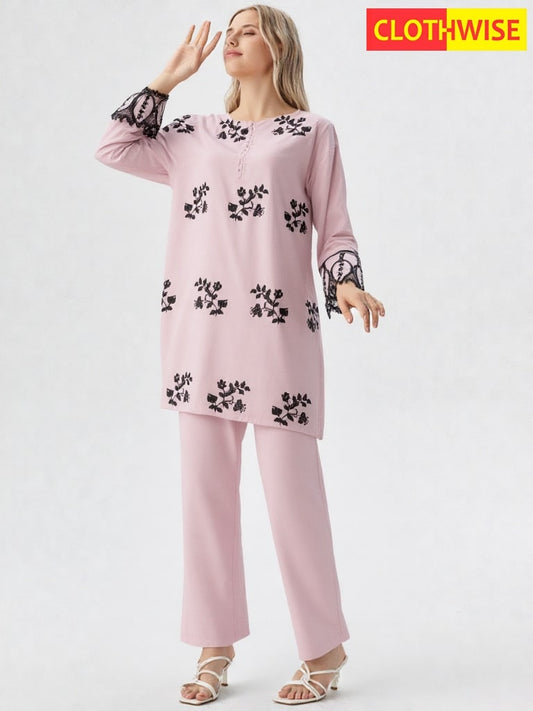 Florielle – 2-Piece Cotton Co-Ord | Delicate Floral Embroidery in a Soft Blush Hue
