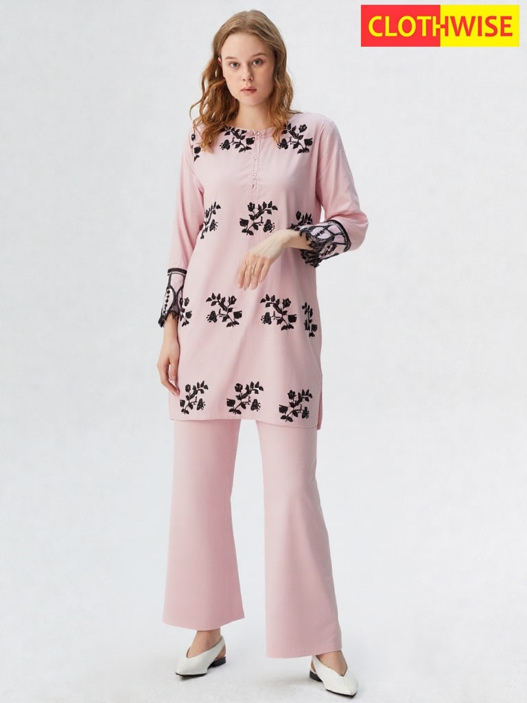 Florielle – 2-Piece Cotton Co-Ord | Delicate Floral Embroidery in a Soft Blush Hue