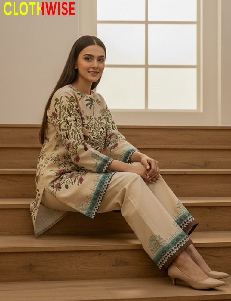 Woman sitting on wooden stairs wearing a floral embroidered outfit with 'CLOTHWISE' branding.
