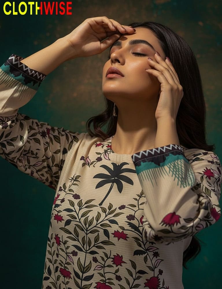 Woman wearing a patterned top with a brand logo in the corner