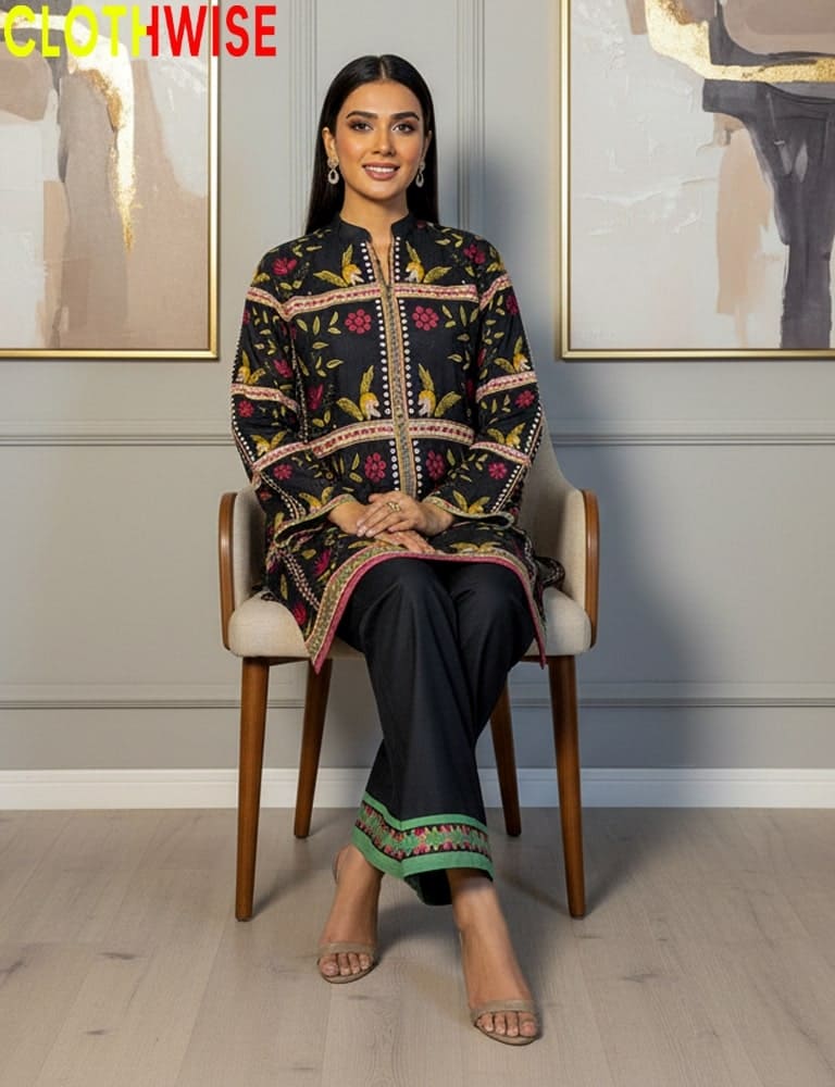 Woman sitting on a chair wearing a black traditional outfit with colorful patterns, with 'CLOTHWISE' branding.