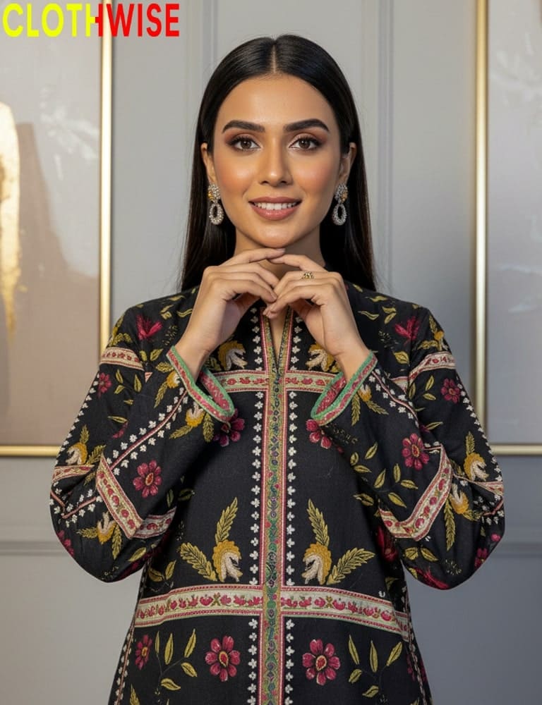 Woman wearing a black floral patterned outfit with 'CLOTHWISE' branding.
