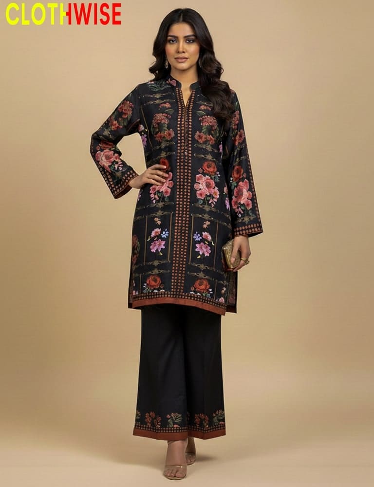 Woman wearing a black printed outfit with 'CLOTHWISE' branding on a beige background