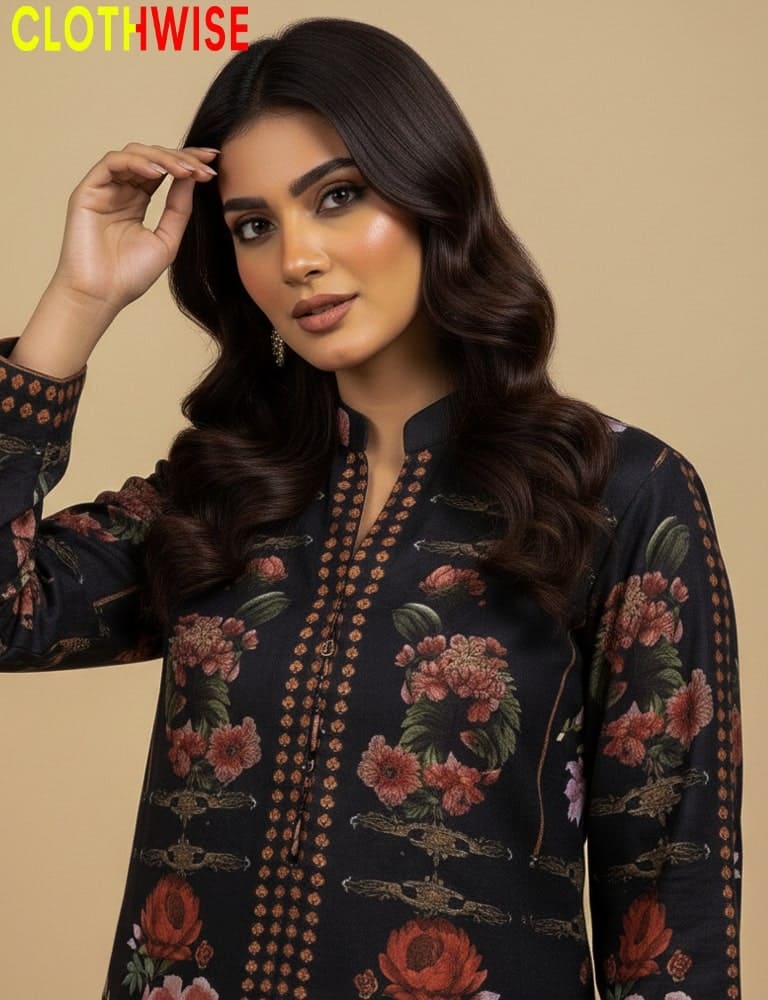 Woman wearing a floral dress with 'Clothwise' branding on a beige background