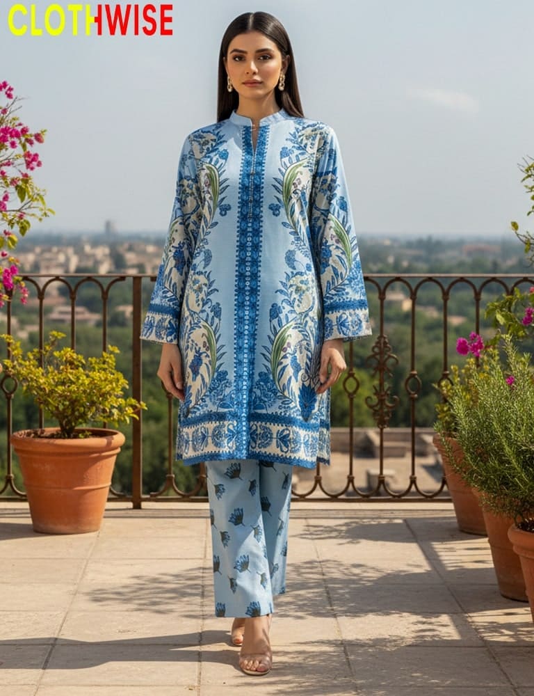 Ladies 2 piece digital print slub lawn suit