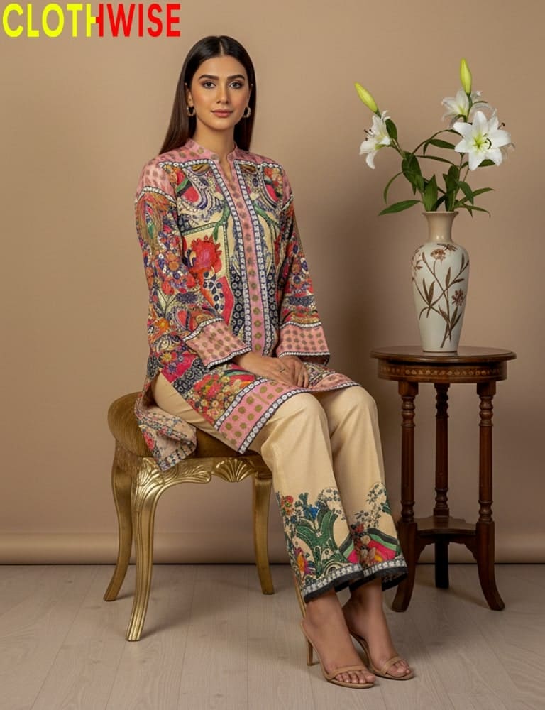 Woman in a colorful traditional outfit sitting on a chair with a vase of flowers in the background, branded 'CLOTHWISE'.