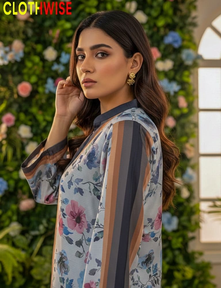 Woman wearing a floral dress with a green leafy background