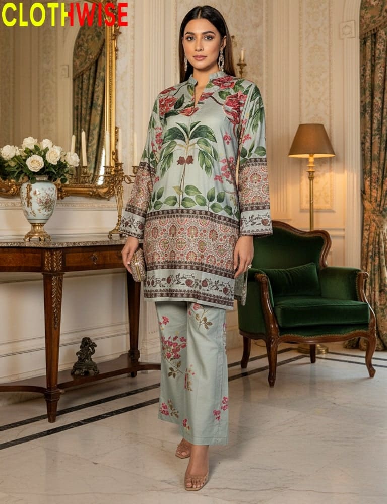 Woman in a floral outfit standing in an elegant room with a 'CLOTHWISE' logo.