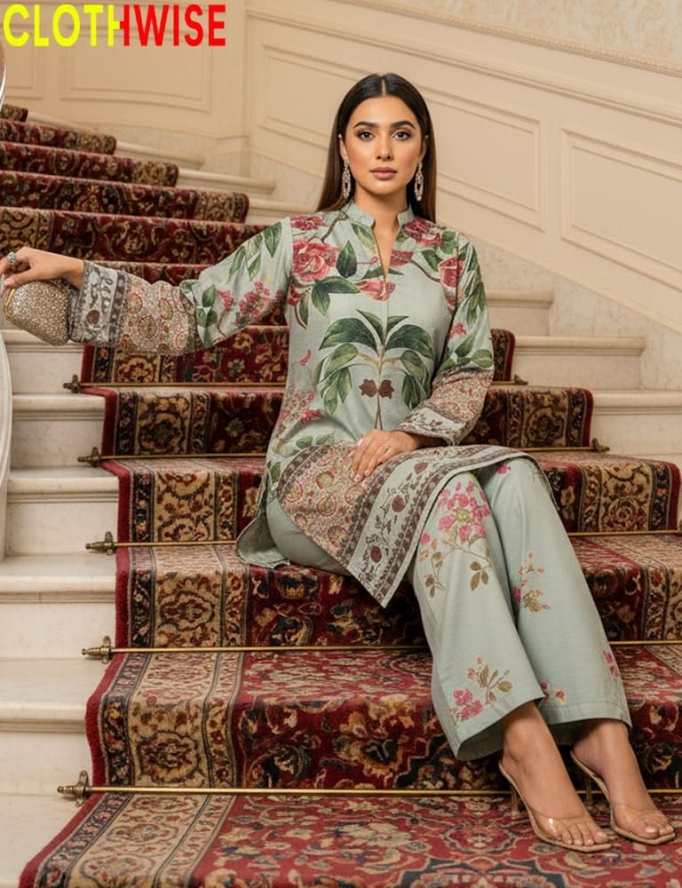 Woman in a floral outfit standing on a decorative staircase with 'CLOTHWISE' branding.