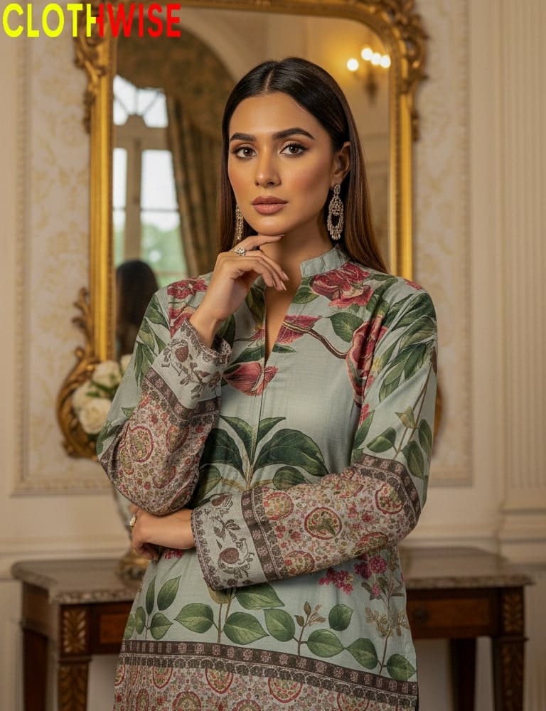 Woman wearing a floral patterned outfit in an elegant interior setting with 'CLOTHWISE' branding.