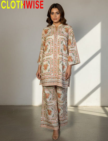 Woman wearing a patterned outfit with 'CLOTHWISE' branding in the corner.