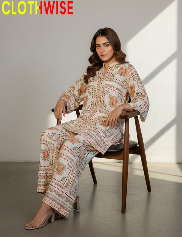 Woman sitting on a chair wearing a patterned outfit with 'CLOTHWISE' branding.