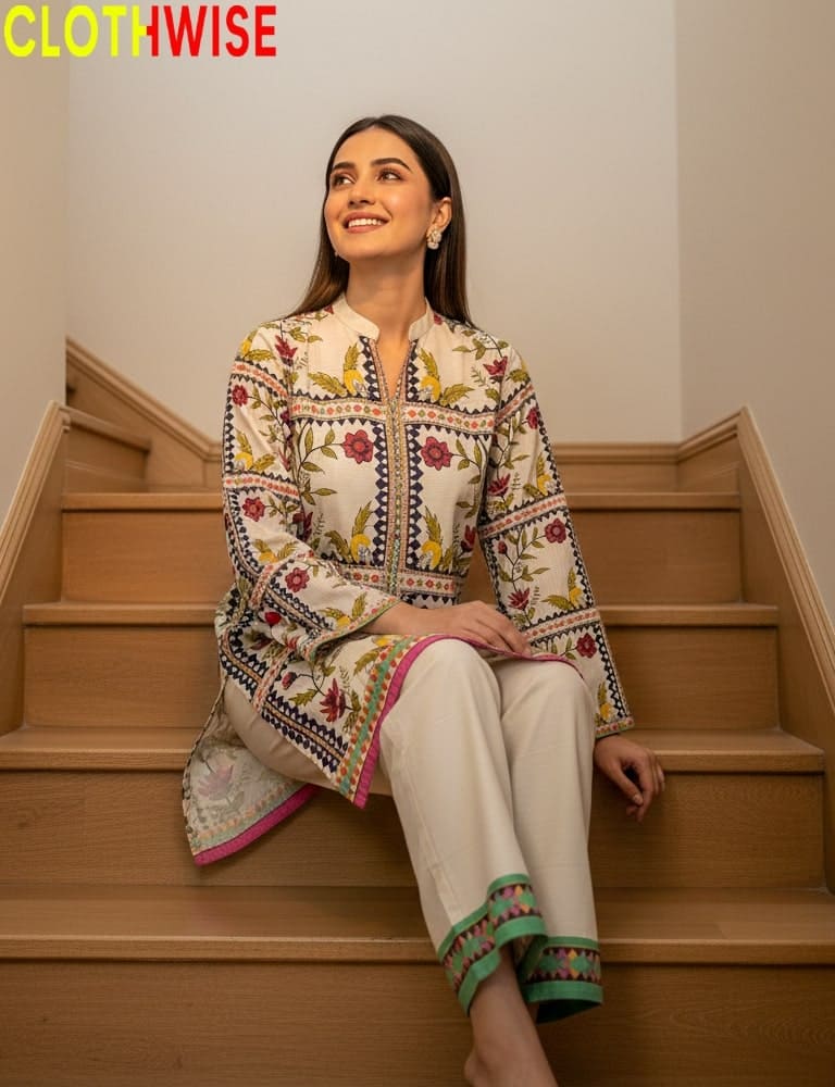 Woman sitting on stairs wearing a patterned kurta with white pants, brand 'CLOTHWISE' visible.