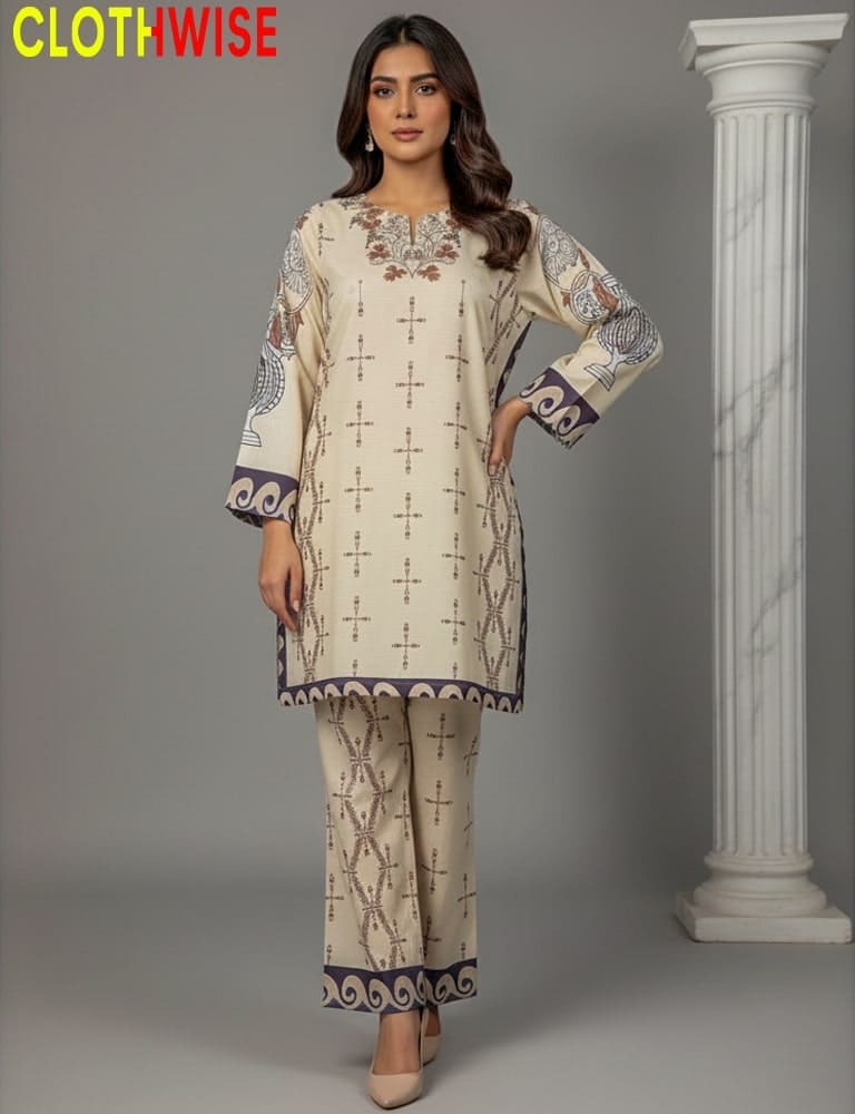 Woman wearing a patterned outfit with 'Clothwise' branding on a gray background