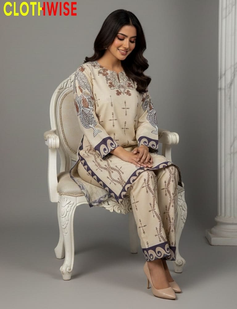 Woman sitting on a white chair wearing an digital printed outfit with 'CLOTHWISE' branding.
