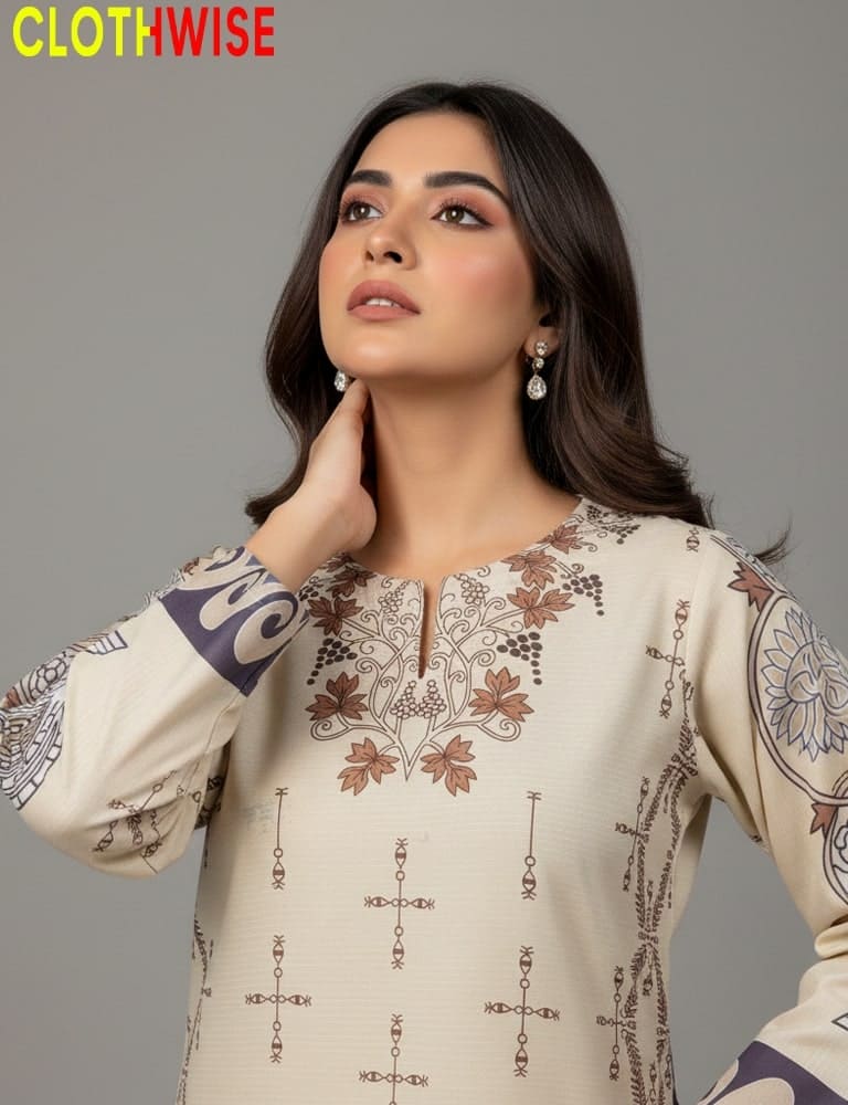 Woman wearing a patterned outfit with 'CLOTHWISE' branding on a gray background