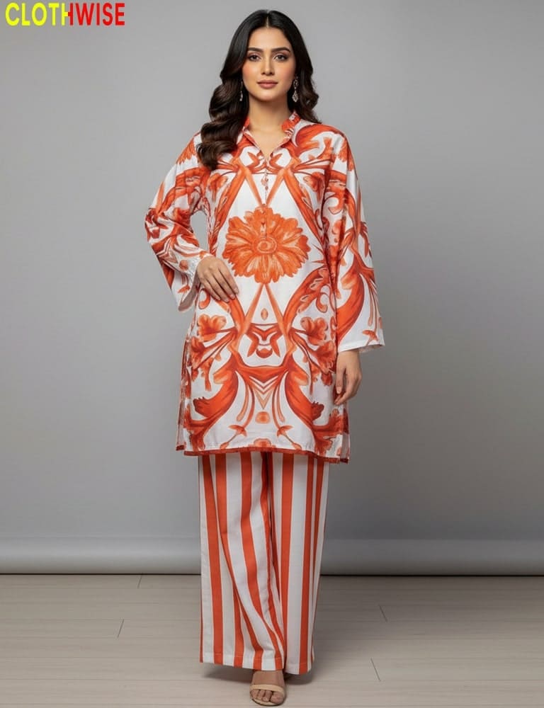Woman wearing an orange and white patterned outfit with 'Clothewise' branding.