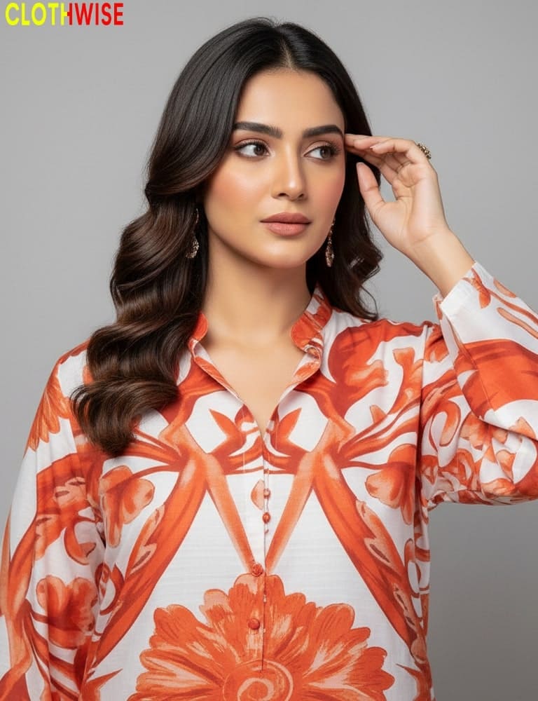 Woman wearing a floral blouse with orange and white pattern on a gray background
