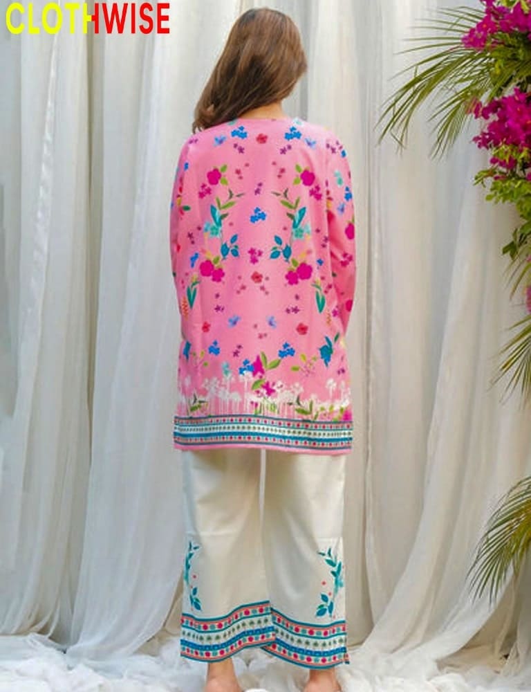 Woman wearing a pink floral top and white pants with a 'ClothWise' label.