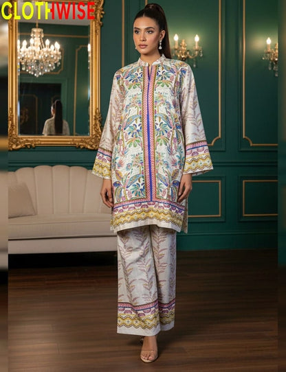 Woman wearing a patterned outfit in a decorated room with 'CLOTHWISE' branding.