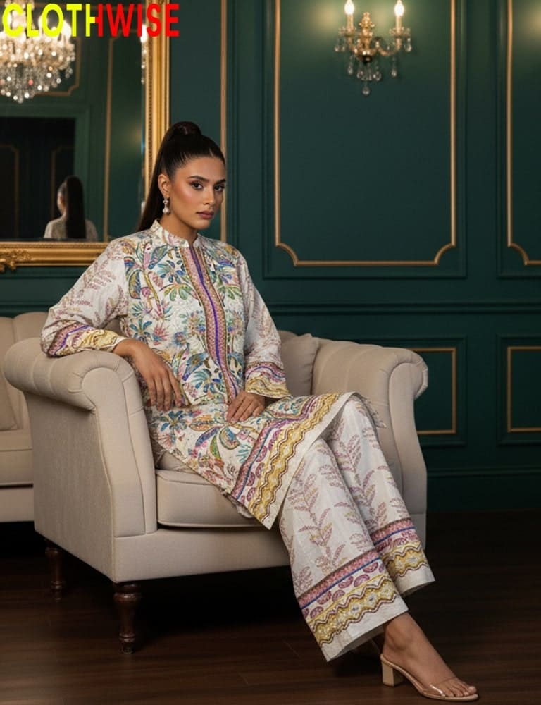 Woman in a patterned outfit sitting on a chair in an elegant room with 'CLOTHWISE' branding.