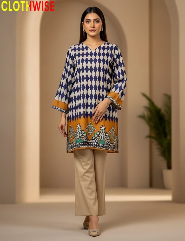 Woman wearing a patterned kurta with beige pants in a minimalistic setting, with 'CLOTHWISE' branding.