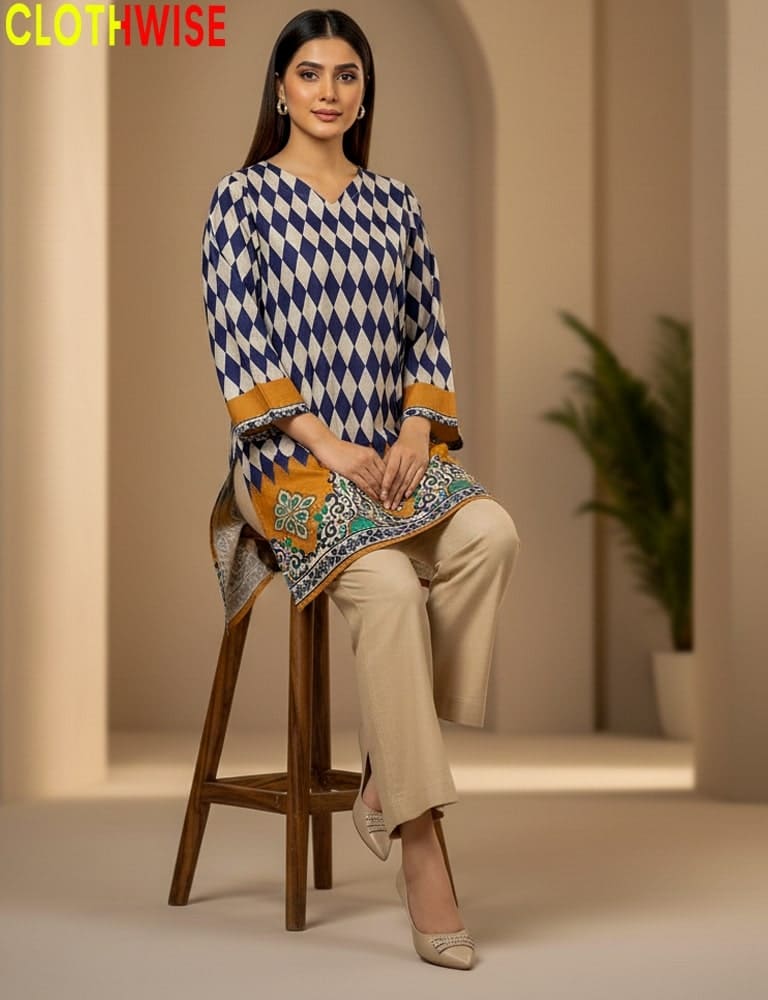 Woman sitting on a stool wearing a patterned blue and white top with beige pants, with 'CLOTHWISE' branding.