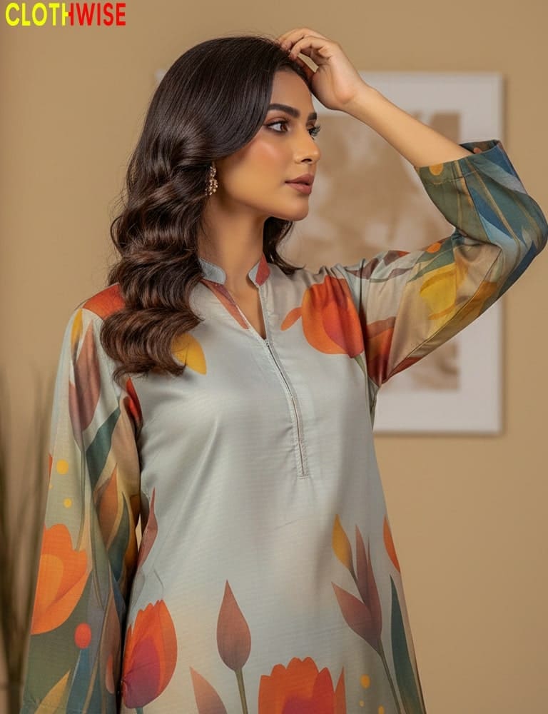 Woman wearing a floral patterned outfit with a neutral background
