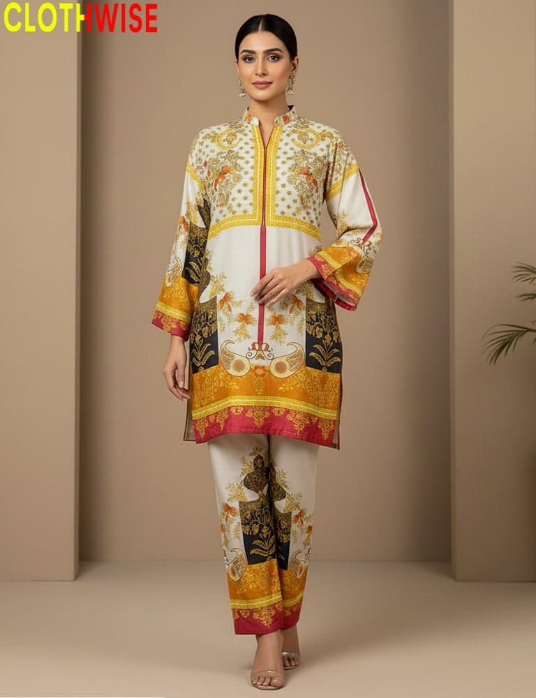 Woman wearing a colorful traditional outfit with 'CLOTHWISE' branding.