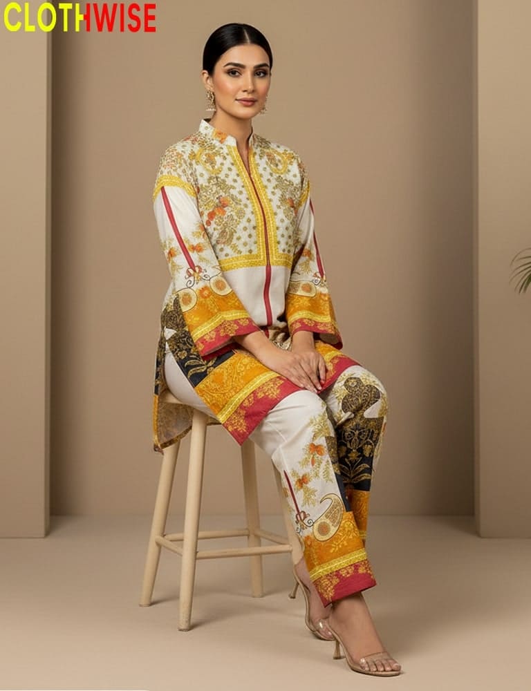 Woman wearing a colorful traditional outfit sitting on a stool with 'CLOTHWISE' branding.
