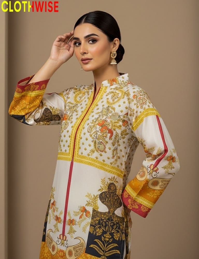 Woman wearing a patterned outfit with 'ClothWise' branding on a beige background
