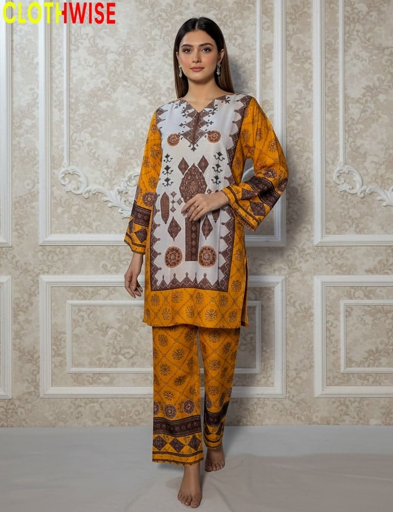 Woman wearing a patterned orange and white outfit with 'ClothWise' branding.