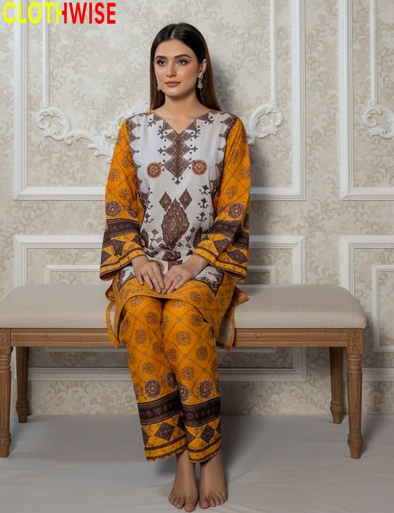 Woman wearing a traditional outfit with intricate patterns sitting on a bench.