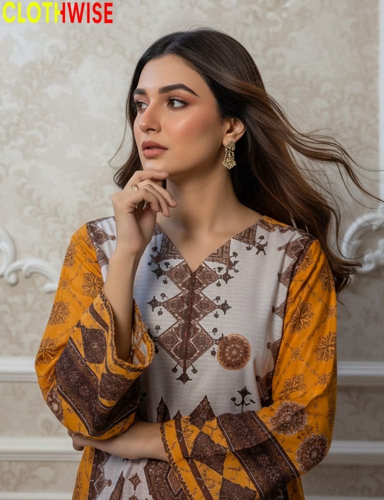 Woman wearing a patterned outfit with 'Clothwise' branding