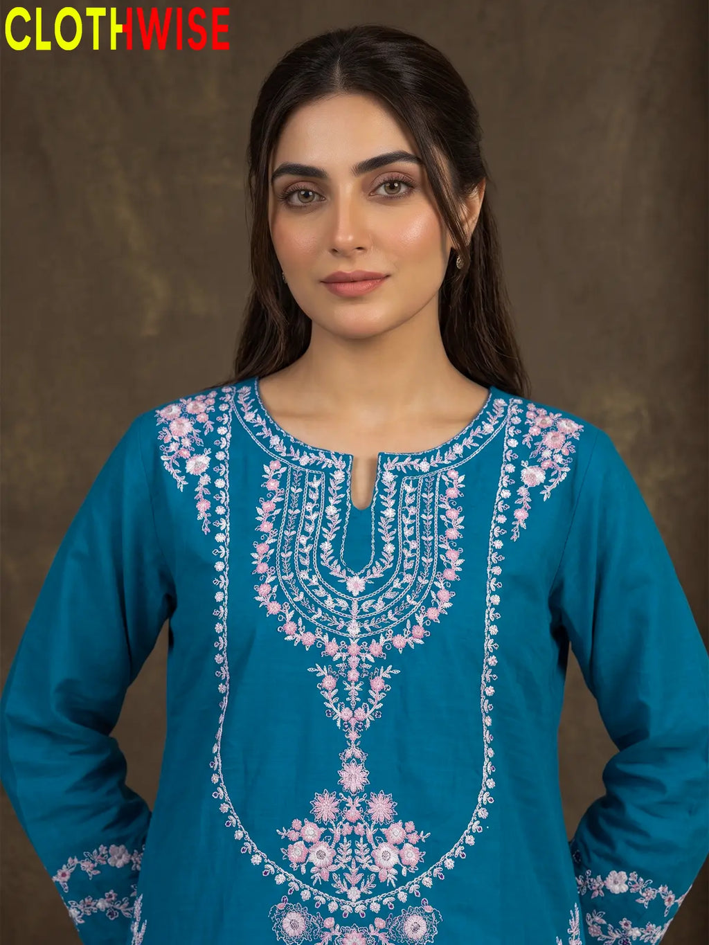 Zeenat Dark Teal sequin embroidered gol daman neckline closeup
