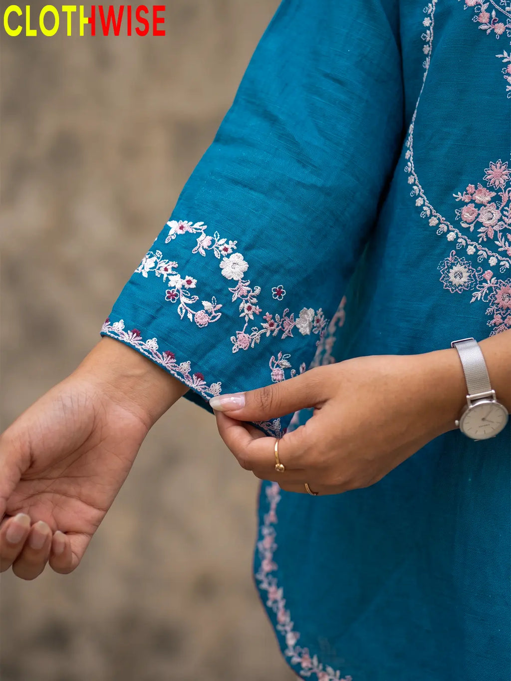 Zeenat Dark Teal sequin embroidered sleeves closeup