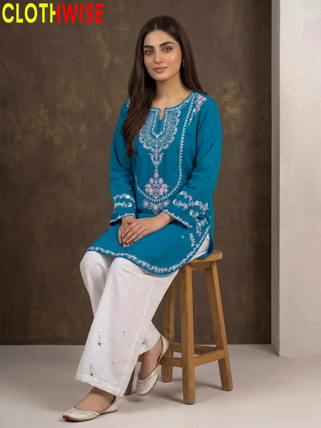 Zeenat Dark Teal 2-piece sequin embroidered suit - sitting pose