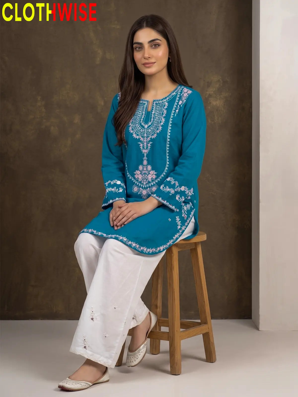 Zeenat Dark Teal 2-piece sequin embroidered suit - sitting pose