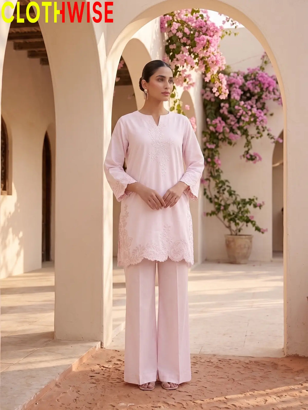 Embroidered Cotton Kurti with Wide Leg Flapper | Scalloped Hem Co-ord Set