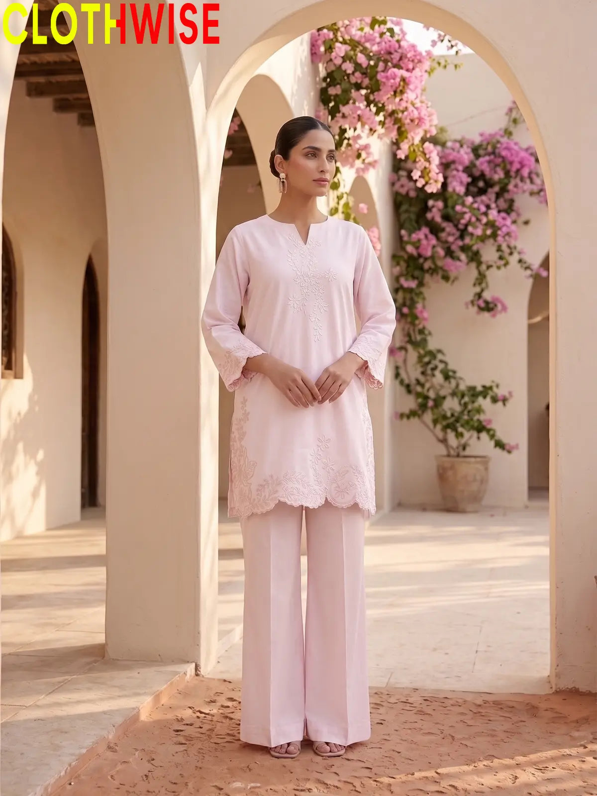 Embroidered Cotton Kurti with Wide Leg Flapper | Scalloped Hem Co-ord Set