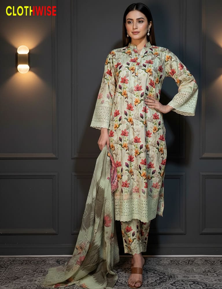 Woman wearing a floral dress with a dark gray wall background